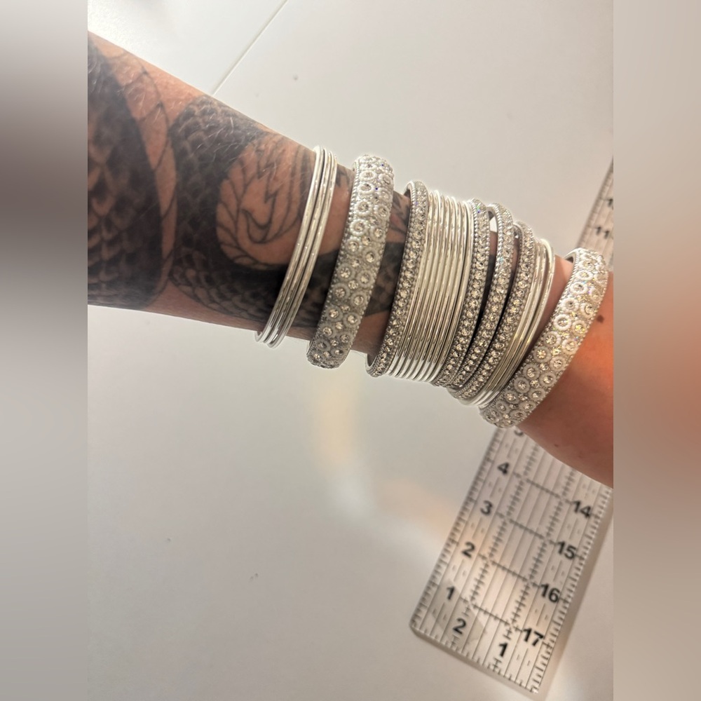 Boho Bollywood Style Rhinestone Stack Bracelet Set in Plated Silver White Enamel